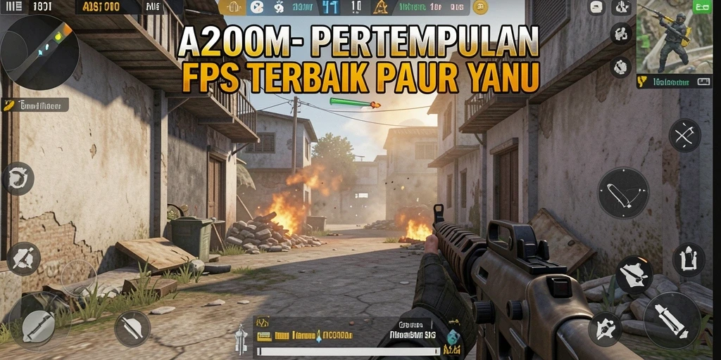 Screenshot A200M menunjukkan pertempuran FPS yang seru dan mendebarkan.
