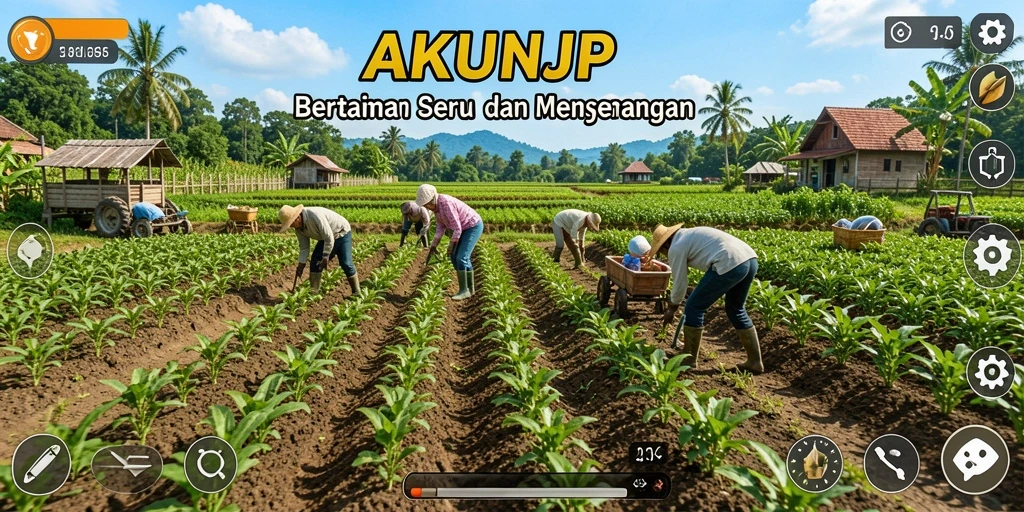 Screenshot gameplay AKUNJP menampilkan ladang yang subur dan aktivitas bertani.