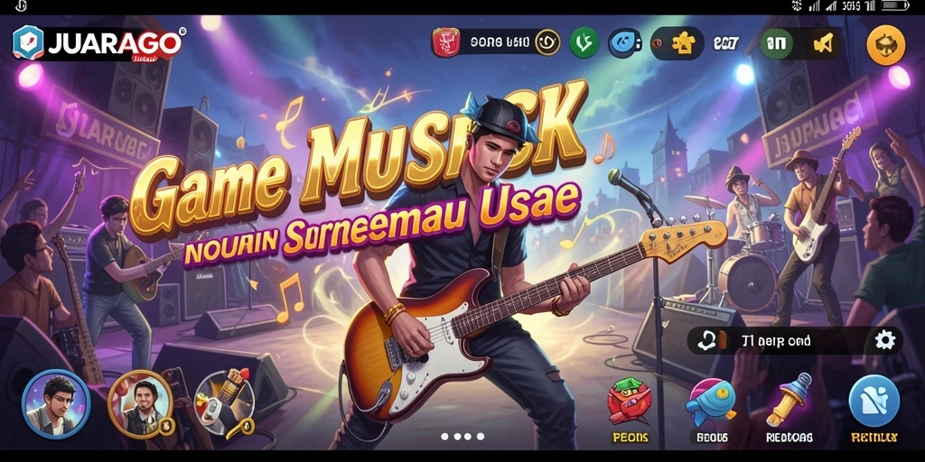 Tampilan gameplay JUARAGO dengan berbagai mode musik yang menantang.