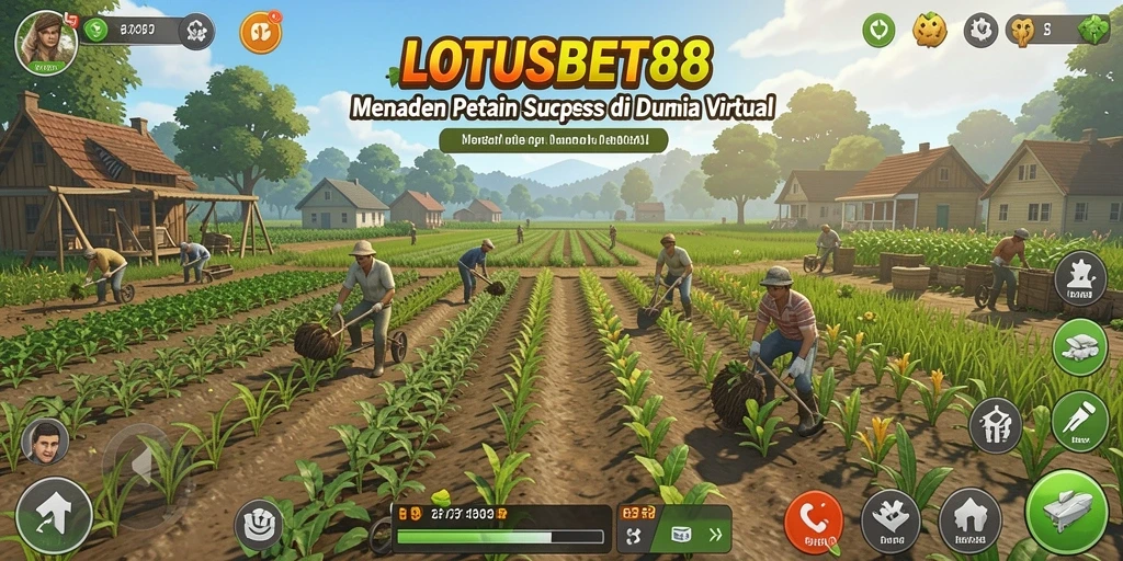 Tampilan permainan LOTUSBET88 menunjukkan ladang yang subur dan aktivitas bertani.