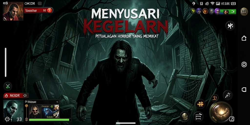 Tampilan gameplay menakutkan di dalam dunia <strong>OKIDR</strong> yang gelap dan mencekam.