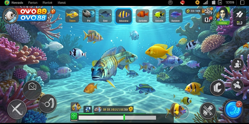 Screenshot OVO88 menampilkan gameplay seru dalam menembak ikan.