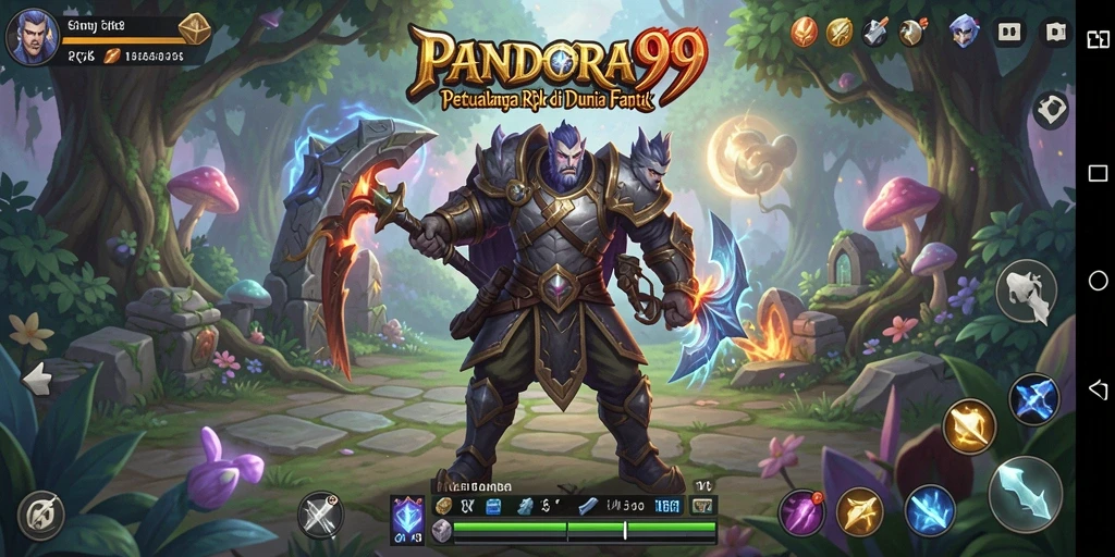 Gameplay PANDORA99 menampilkan pertempuran epik karakter dengan latar belakang fantastis.