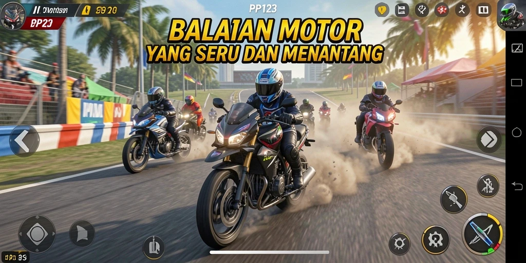 Screenshot PP123 menampilkan aksi balapan motor yang mendebarkan.