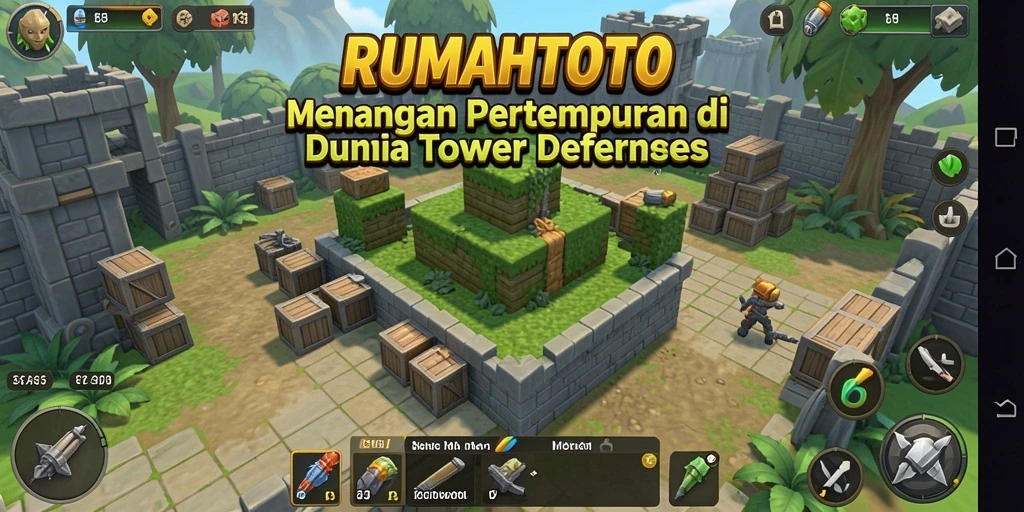 Screenshot RUMAHTOTO menampilkan aksi menara yang melawan gelombang musuh.