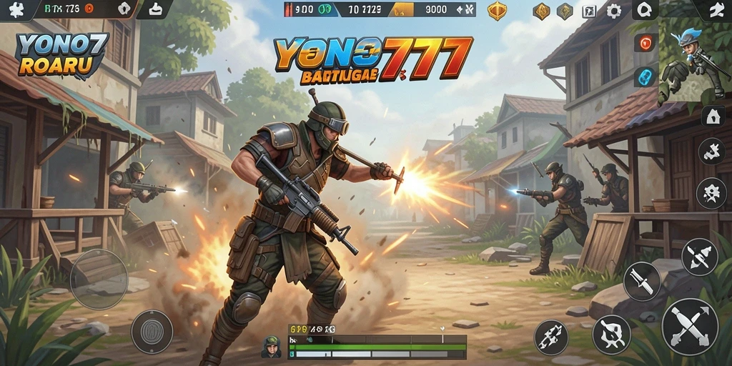 Screenshot utama YONO777 menampilkan aksi gameplay Battle Royale yang intens.